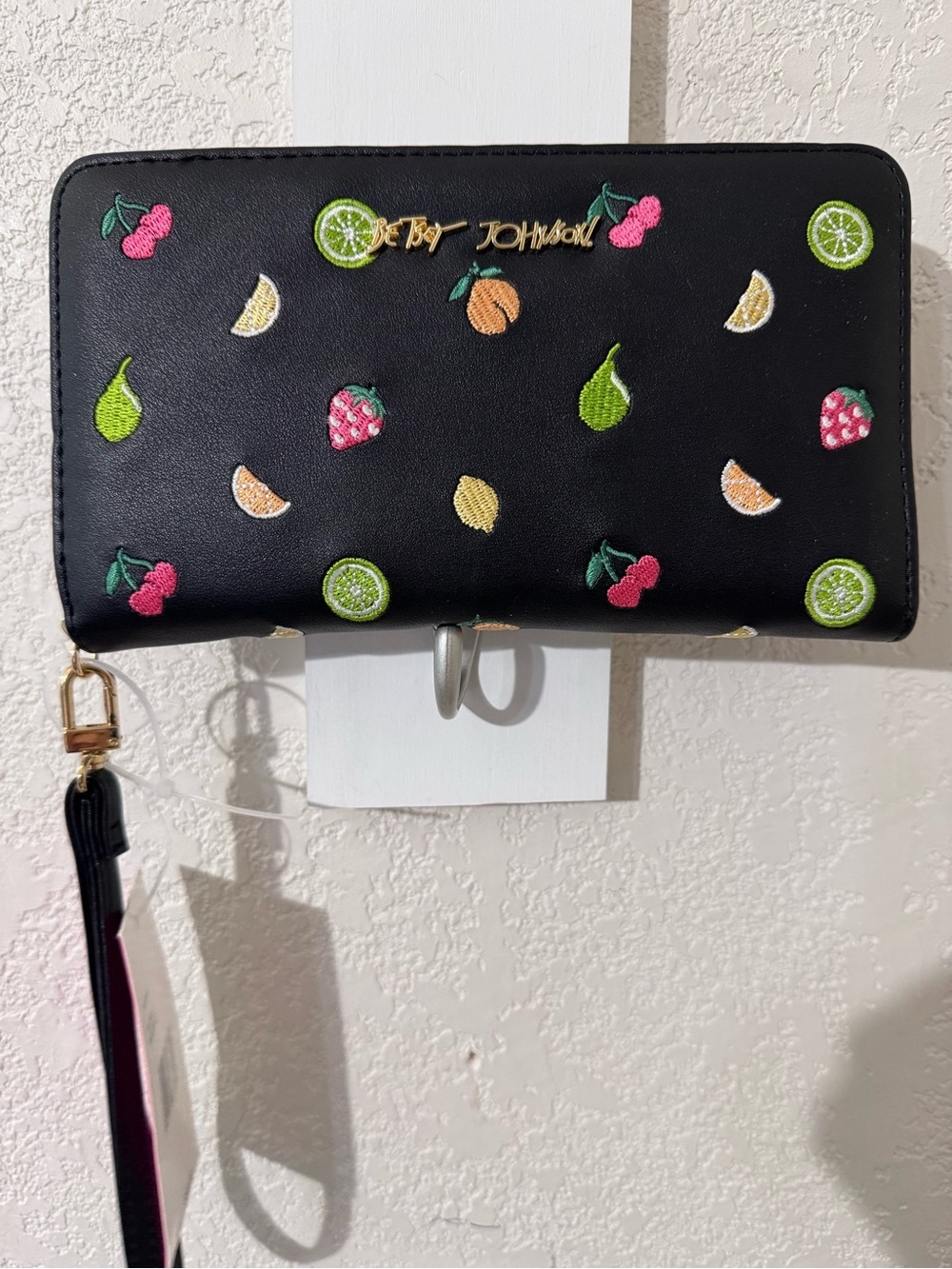 Betsey Johnson NWT charming fruit print, strawberries, cherries,embroidered,zip